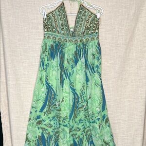 Boston Proper Embellished Green Print Halter Beaded Maxi Dress